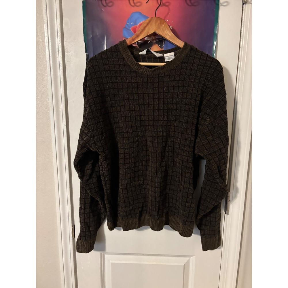 Knightsbridge Mens Brown Grid Pattern Crewneck Sweater Acrylic Knit Large